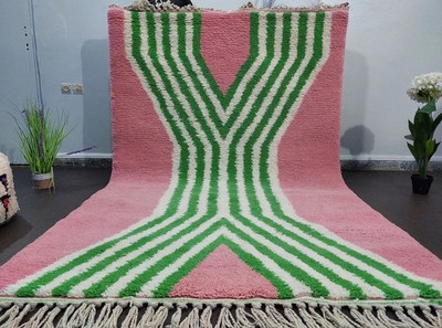Handmade Moroccan Wool Rug Color  Pink & Green, White Beni Ourain Carpet Rug