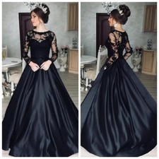 Gothic Black Wedding Dress Long Sleeves O Neck Lace Appliques Stain Bridal Gowns