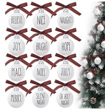12 Pieces Shatterproof Christmas Ornaments Set, White With Buffalo Plaid Bows