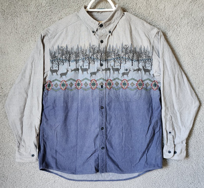 Cabela's Deerskin Soft Chamois Mens Size L Reg VTG Aztec Deer Print Blue Flannel