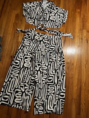 MICAS Women's 3XL Black White Geometric 3-Piece Outfit Set Top Pants Belt