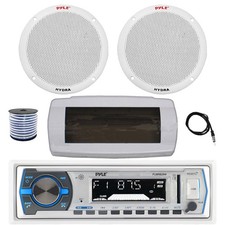 Pyle Bluetooth Marine Receiver, Cover, Antenna,Wire, 2x 6.5'' 400W White Speaker