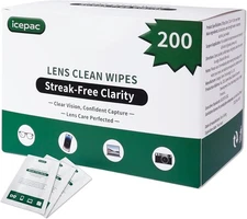 Icepac Lens Wipes for Eyeglasses - 200-Moistened Individual Wrapped Eye... 