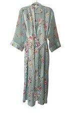 Oscar de la Renta Pink Label Floral Robe Long Wrap Pockets Mint Green Pink S/M