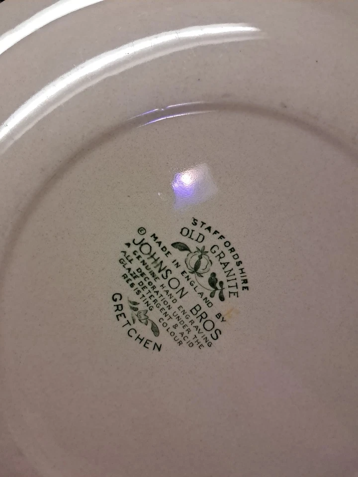 7 platos de cena de granito antiguo Johnson Bros. Staffordshire 10 1/4" Gretchen Bin 215 Foto 3 de 4