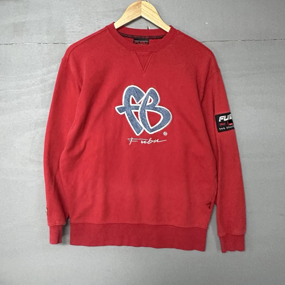 Sudadera Pullover Vintage Y2K FUBU Cuello Redondo Bordada Spellout Mediana Roja M Foto 2 de 4