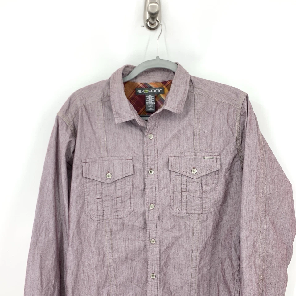 Exofficio Men Size Large Shirt Button Down Top Purple Cotton Bugs Away Mosquito - Image 2 of 4