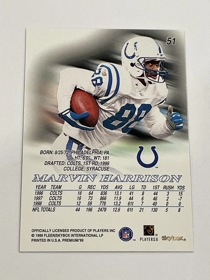 1999 SkyBox Premium Football #51 - Marvin Harrison - Indianapolis Colts - Image 2 of 2