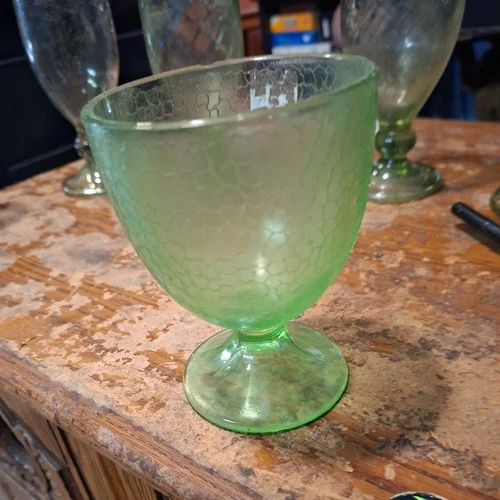 Footed Green Glass - Vintage Depression Era Glass - Crackle Pattern C2