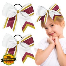 2 Large White Maroon Gold Glitter Cheer Bows 8" Hair Ponytail Holder