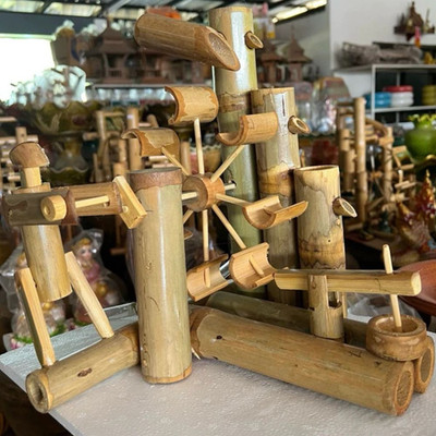 Handmade Bamboo Water Wheel Fountain with Figurine Spinner, No Motor 30 cm.
