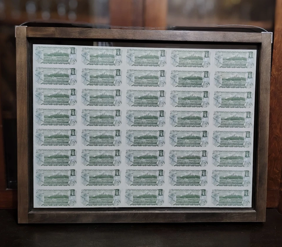 Hoja sin cortar de 40 billetes de dólar canadienses 1973.  MARCO A PRUEBA DE DECOLORACIÓN DE DOBLE CARA. Foto 2 de 4