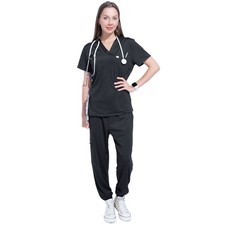 V-Neck Women Nurse Uniform Suit Women Medical Scrubs Top and Pants Black