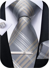 Plaid Ties for Men Silk Checkered Necktie and Pocket Square Cufflinks Tie Clip S