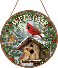 Winter Welcome Sign for Front Door Decor Christmas Snowflake Cardinal Round Outd