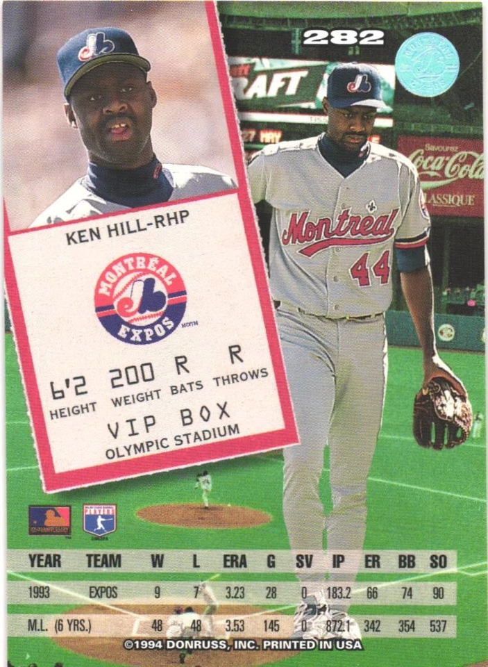 1994 Leaf #282 Ken Hill Montreal Expos - Image 2 of 2