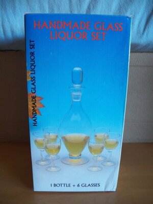 Karaffe Dekanter Flasche aus Glas mit Deckel + 6 Likörgläser / mit Schliff