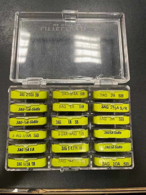 90 Littelfuse 3AG (AGC, MDL) SloBlo Fuses in Vintage Metal Tins and Plastic Case
