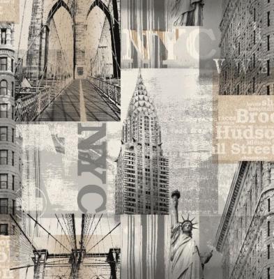 Wallpaper Designer Taupe Tan Gray Black  NYC New York City Landmarks, 56 sq ft