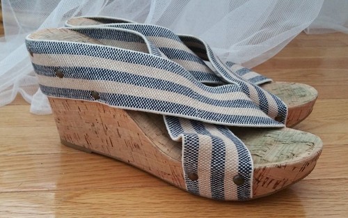 LUCKY BRAND Blue & Cream Striped Women's Wedge Sandals-Elastic Strap - Sz 8.5M - Picture 5 of 11