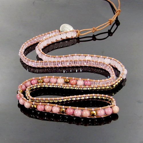 Handgefertigte Wraps Leder Boho Armband Natur Rosenquarz Rhodonit Kristall Perlen - Bild 2 von 3