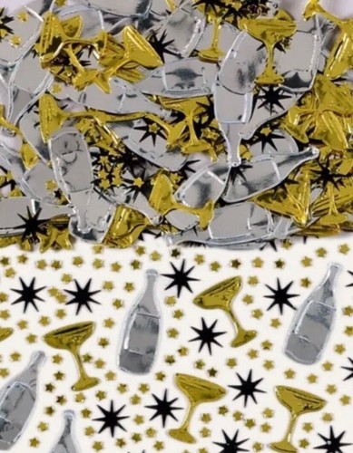 Tavolo Bottiglie Champagne Coriandoli Oro Nero Argento Congratulazioni - Foto 3 di 3
