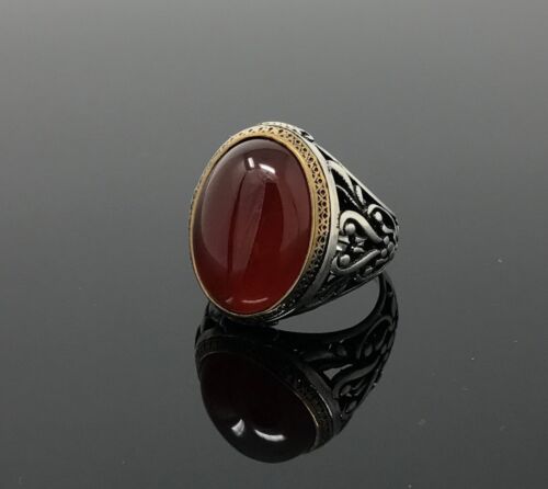 Large Handmade 925k Sterling Silver Oval Red Agate Stone (Aqeeq) Men's Ring .