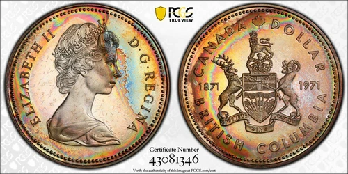 SP67 1971 $1 Canada Silver BC Commem Dollar, PCGS Secure- Pretty Rainbow Toned
