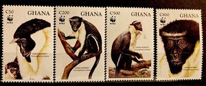 Ghana,Diana monkey  ,WWF S.C.#1674-7 MNH , Complete set of 4 as issued in 1994