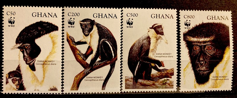 Ghana,Diana monkey  ,WWF S.C.#1674-7 MNH , Complete set of 4 as issued in 1994