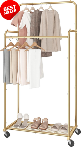 Double Rod Garment Rack Heavy Duty Rolling Clothes Organizer with Wheels Gold - Picture 11 of 12
