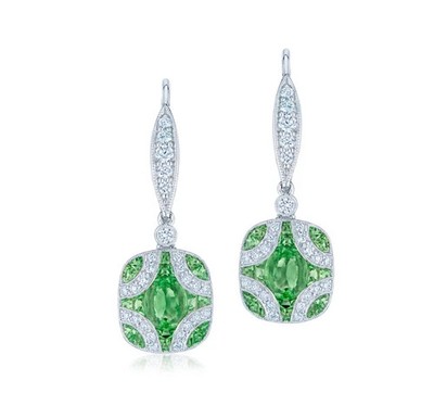 Geometric Lab Created Green Emerald White Diamond Earrings 935 Argentium Silver