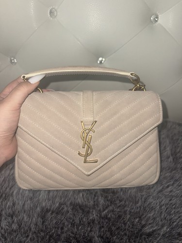 Saint Laurent YSL College Medium Bag Beige Suede Gold Hardware Shoulder Bag