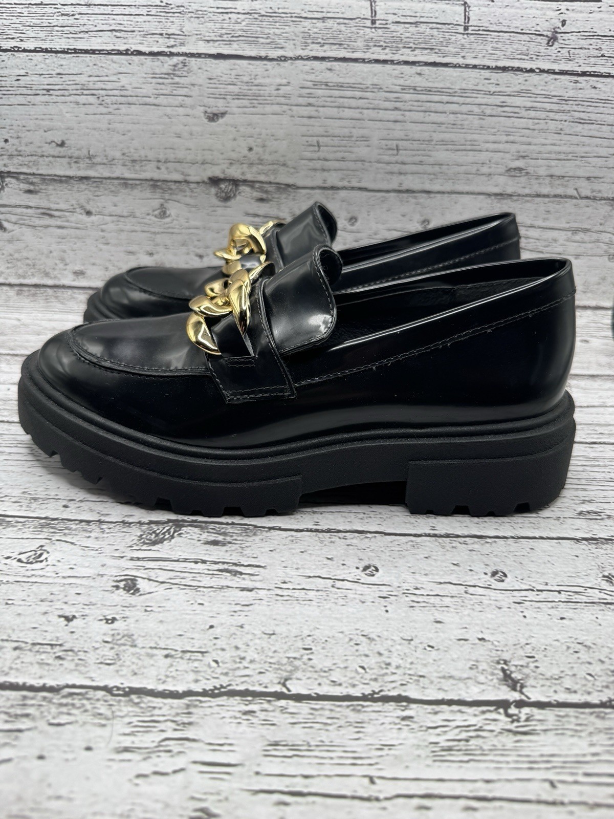 SAOLA Steve Madden Mocassino Donna 7 5 Nero Suola Grossa Lug Catena Makira Ottimo