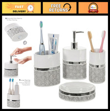 Elegant 4-Piece Damask Bathroom Accessory Set - White Gray Soap Dispenser, Dis