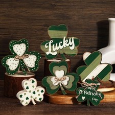 6 Pcs St. Patrick's Day Decorations Rustic Shamrock Wooden Sign Farmhouse Clover