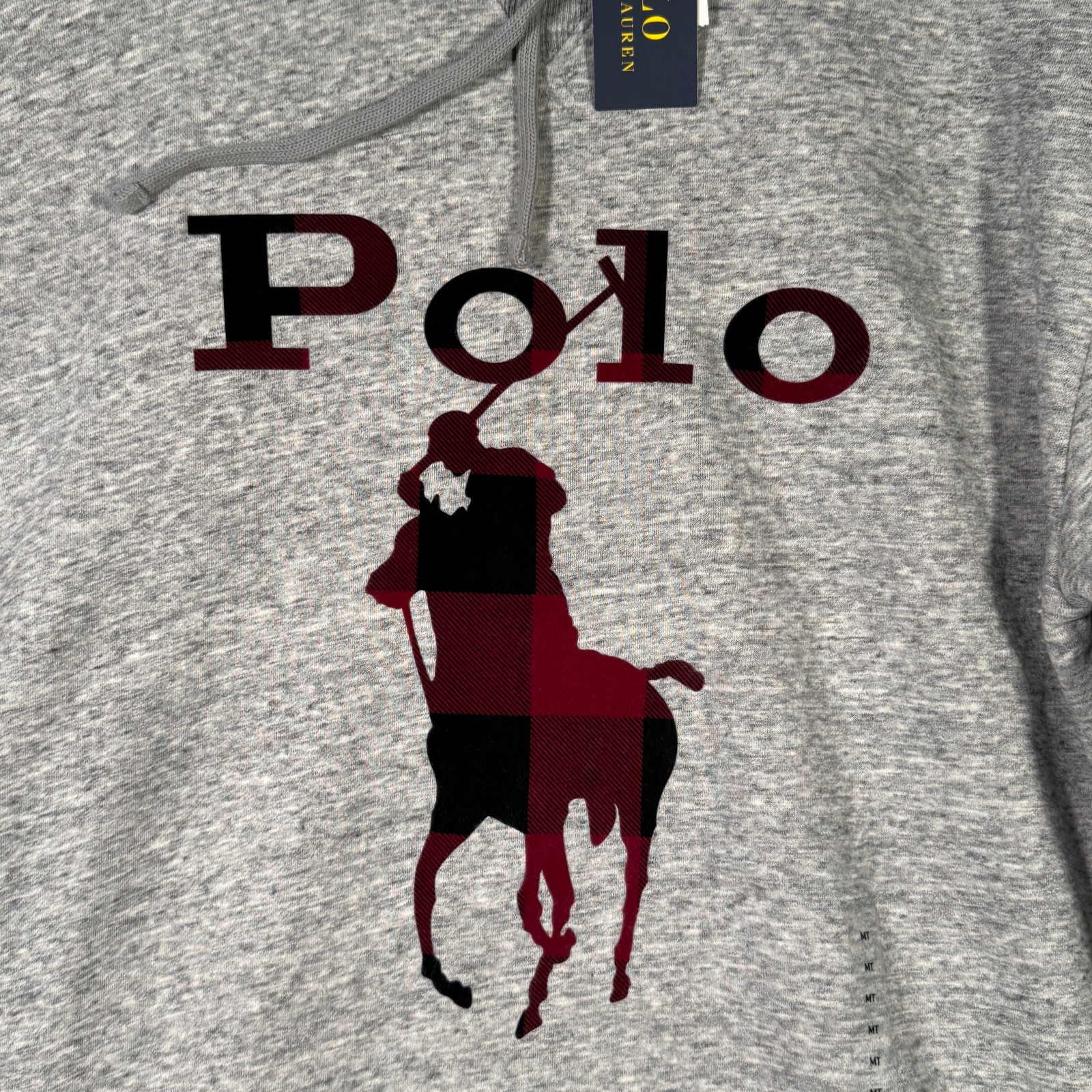 Ralph Lauren Felpa con Cappuccio Uomo MT Media Alta Grigio Plaid Big Pony Pullover Polo Pile