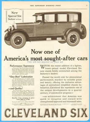 1925 Cleveland Automobile Co Ohio Six Special Six Sedan Antique Enclosed Car Ad
