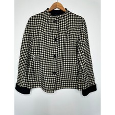 Talbots Houndstooth Wool Blend Button Up Jacket Size M Black Cream Preppy Career