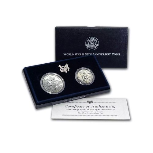 1993 1991-1995 WWII Commemorative Silver Dollar Mint State 2-Coin Set - Picture 1 of 1