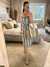 Cream & Blue Stripe Belted Midi Dress 12