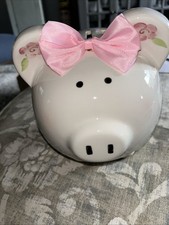 Child To Cherish Ceramic White And Pink Polka Dots Piggy Bank With Pink Bow