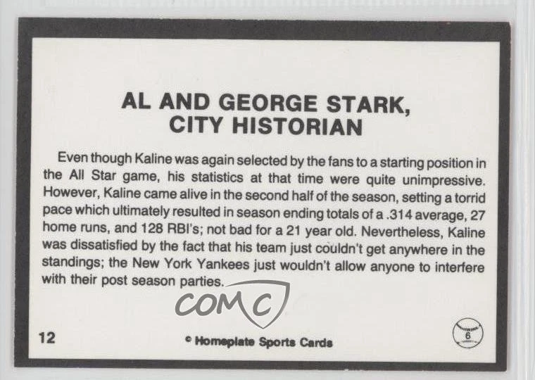 1983 Homeplate The Story Black Back Border Al Kaline George Stark #12 HOF - Image 2 of 2
