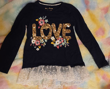 Tommy Bahama Girls Size XS 4 Navy Long Sleeve Floral "Love" Sequin Lace Hem Tee