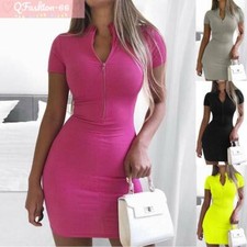 Women Zipper Bodycon Mini Dress Ladies V Neck Short Sleeve Party Club Dress Slim