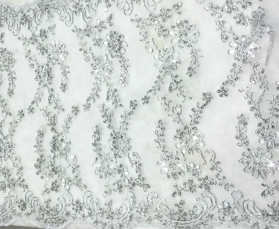 SILVER FLORAL Embroidered Mesh Fabric 12"x70" for Wedding Sabai Table Runner - Image 2 of 4