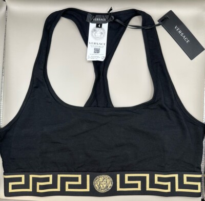 Versace Greca Border Scoop Bralette Medusa Logo Cotton Black/Gold Sz 4 Authentic
