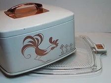 Mid-century Cake Or Dessert Carrier Copper Metal & Glass Rooster Design Genuine