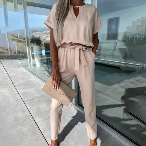 Mono de mujer de manga corta mono verano de una pieza mameluco traje pantalón con cinturón DE* - Imagen 15 de 19