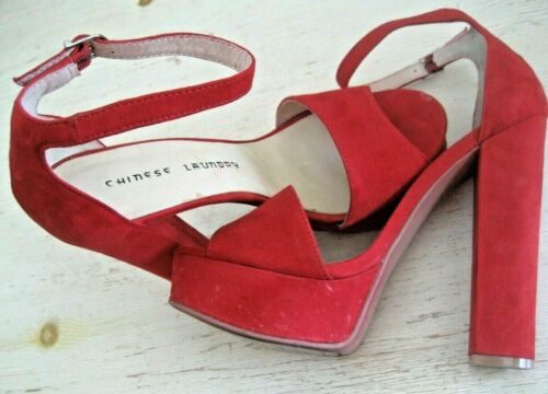 Sz 8 Red Suede CHINESE LAUNDRY Platform BLOCK HEELS Ankle Strap Sandals 38.5